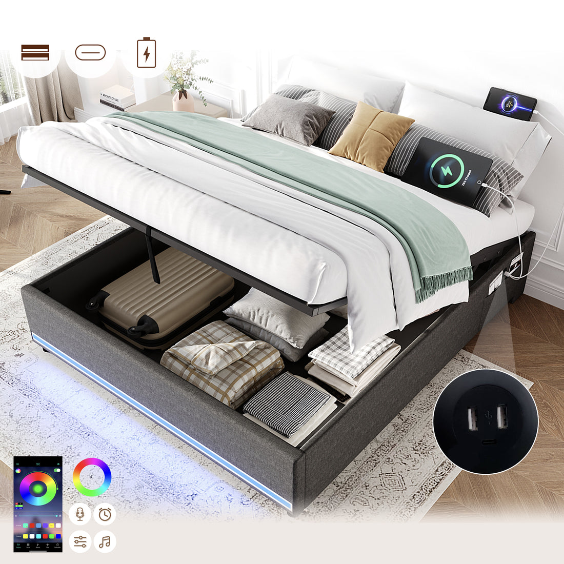 4ft6 Double Hydraulic Storage Bed, No Headboard Linen Bed Frame With APP Control LED Lights, Side Charging Station, Side Pockets, Grey No Mattress